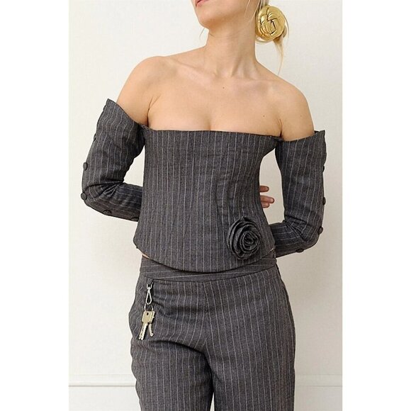 Saks Potts Tops - SAKS POTTS Bea Corset in Grey Pinstripe Small New Womens Srapless Top Blouse